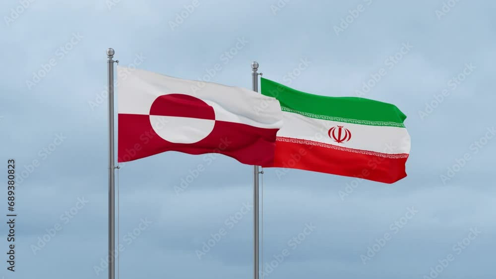 Iran flag and Greenland flag waving together on blue sky, looped video Iran flag and Greenland flag waving together on blue sky, looped video