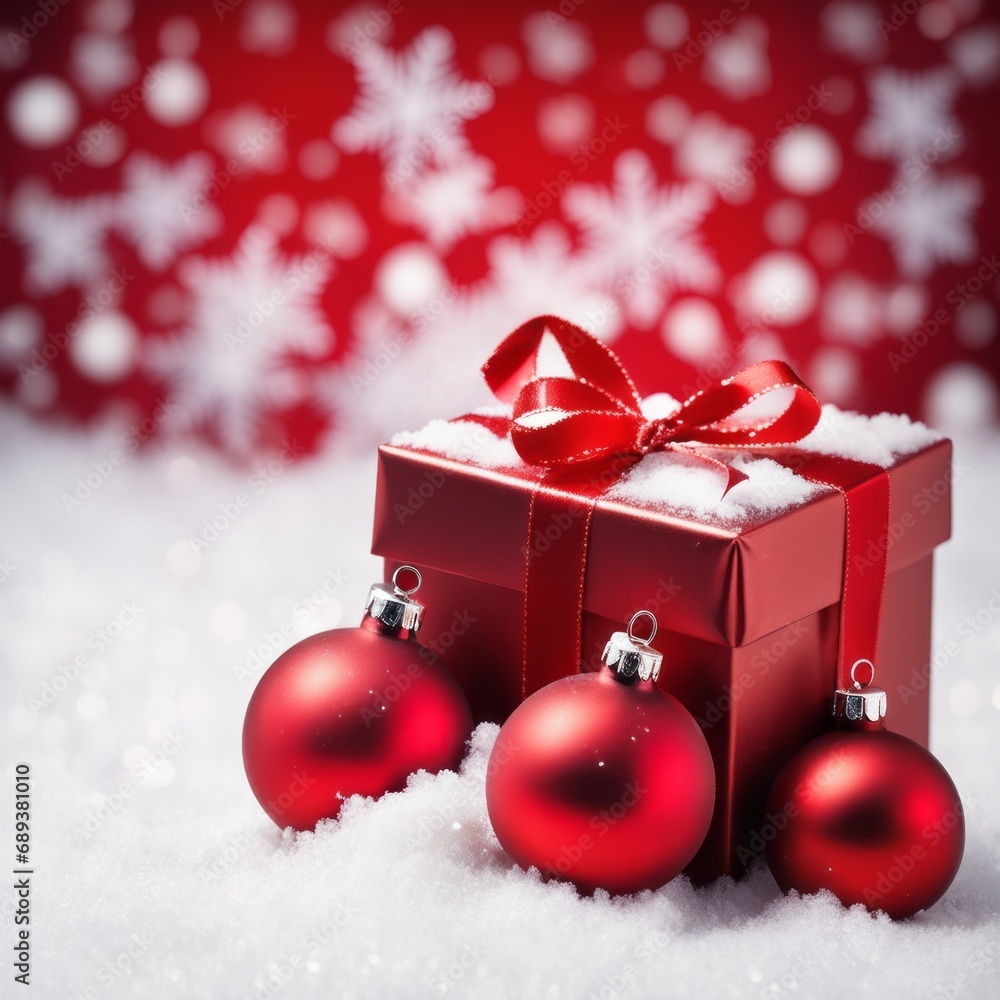 Christmas Gifts box on a snowy background, A bokeh background effect. Christmas Gifts box on a snowy background, A bokeh background effect.