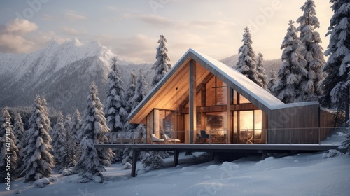 a cedar wooden house nestled in the mountains amidst a winter forest, highlighting the synergy between the natural surroundings and the architectural elegance of the house. © lililia