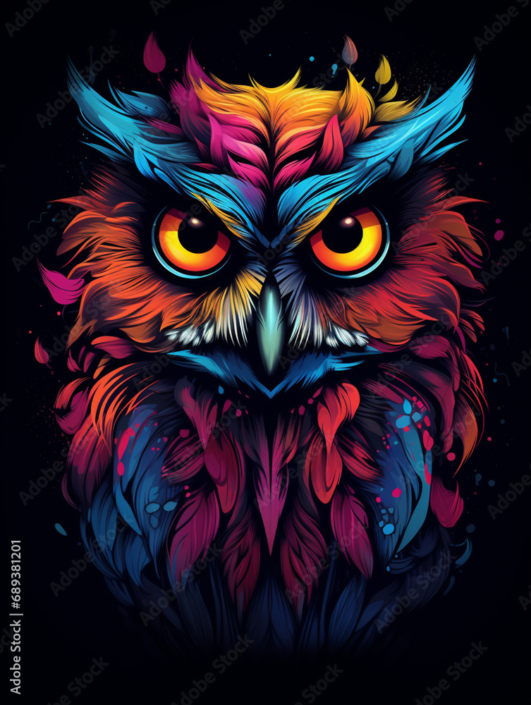 a colorful owl with big eyes on black background, in the style of otherworldly illustrations created with Generative Ai a colorful owl with big eyes on black background, in the style of otherworldly illustrations created with Generative Ai