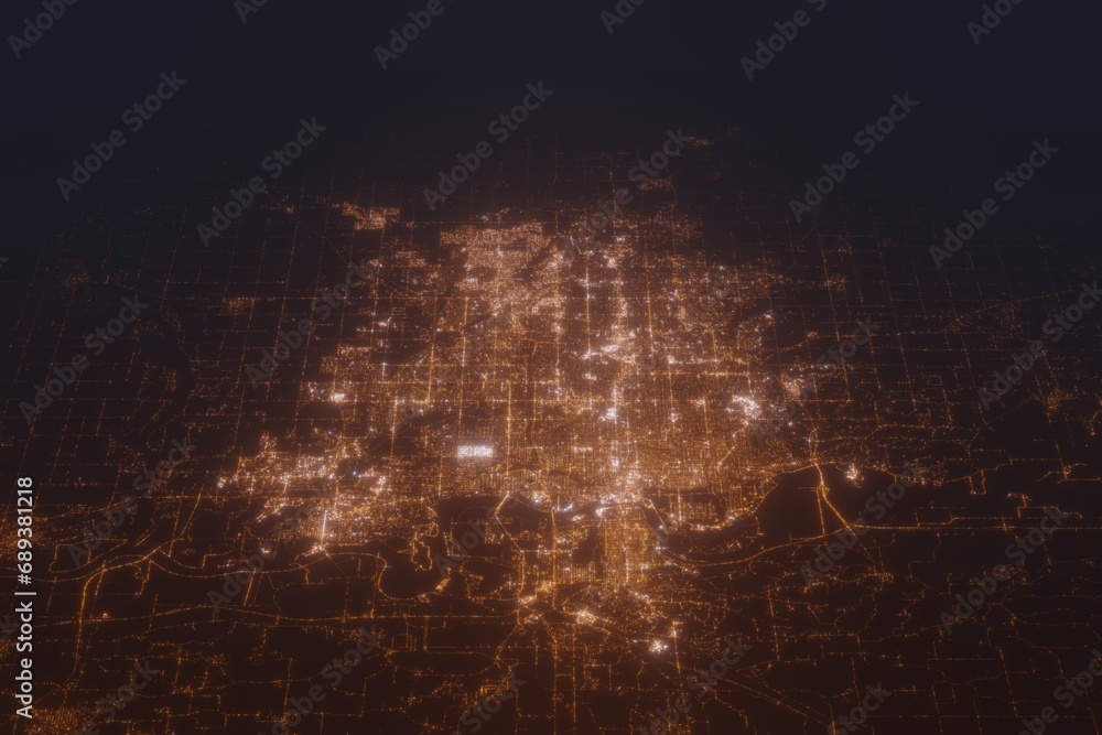 Aerial shot on Omaha (Nebraska, USA) at night, view from east. Imitation of satellite view on modern city with street lights and glow effect. 3d render - obrazy, fototapety, plakaty 