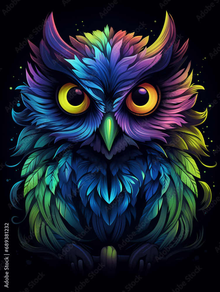 a colorful owl with big eyes on black background, in the style of otherworldly illustrations created with Generative Ai a colorful owl with big eyes on black background, in the style of otherworldly illustrations created with Generative Ai