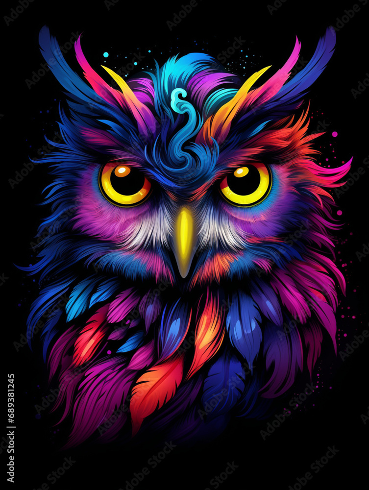 a colorful owl with big eyes on black background, in the style of otherworldly illustrations created with Generative Ai a colorful owl with big eyes on black background, in the style of otherworldly illustrations created with Generative Ai