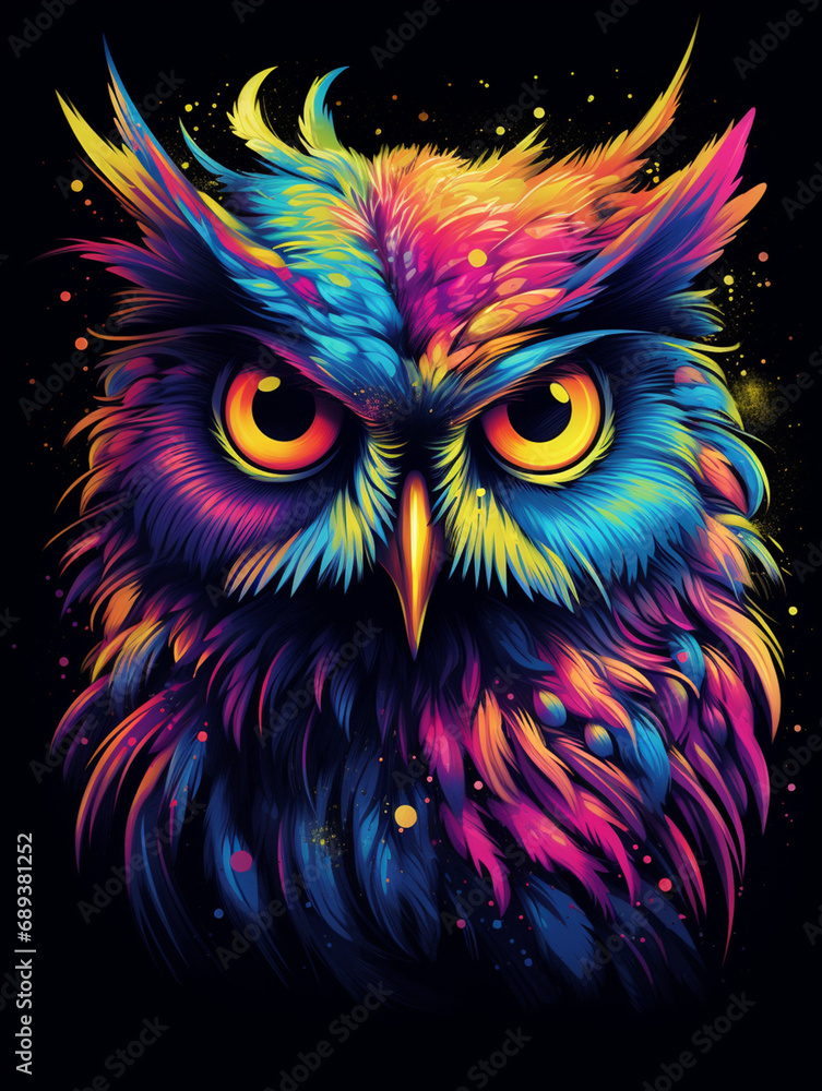 a colorful owl with big eyes on black background, in the style of otherworldly illustrations created with Generative Ai