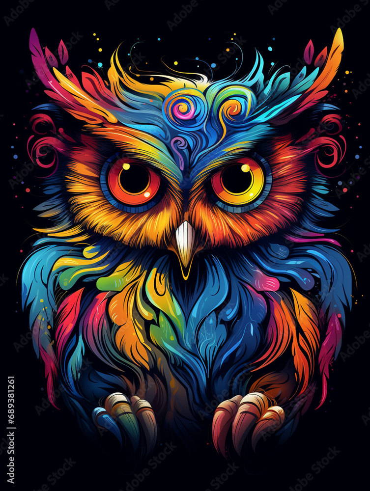 a colorful owl with big eyes on black background, in the style of otherworldly illustrations created with Generative Ai a colorful owl with big eyes on black background, in the style of otherworldly illustrations created with Generative Ai