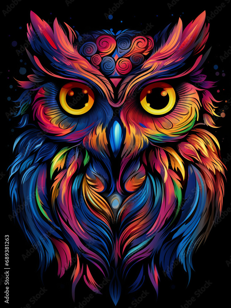 a colorful owl with big eyes on black background, in the style of otherworldly illustrations created with Generative Ai