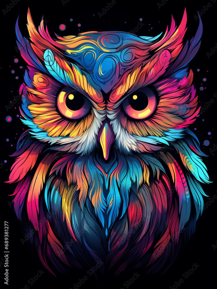 a colorful owl with big eyes on black background, in the style of otherworldly illustrations created with Generative Ai a colorful owl with big eyes on black background, in the style of otherworldly illustrations created with Generative Ai