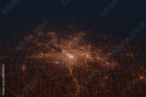 Aerial shot of Syracuse (New York, USA) at night, view from south. Imitation of satellite view on modern city with street lights and glow effect. 3d render