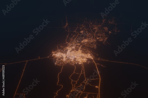 Aerial shot of Piura (Peru) at night, view from north. Imitation of satellite view on modern city with street lights and glow effect. 3d render