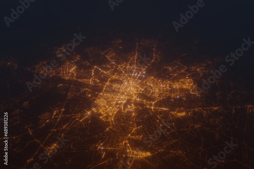 Aerial shot on Poznan (Poland) at night, view from east. Imitation of satellite view on modern city with street lights and glow effect. 3d render