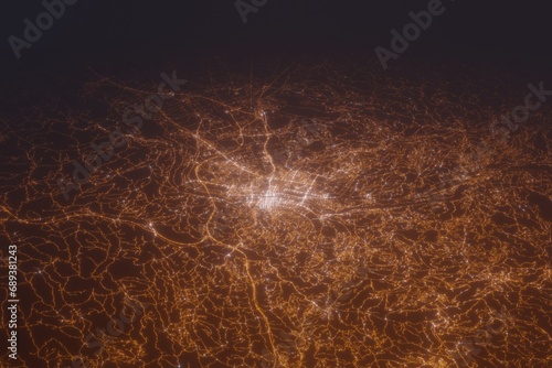 Aerial shot of Maribor (Slovenia) at night, view from north. Imitation of satellite view on modern city with street lights and glow effect. 3d render