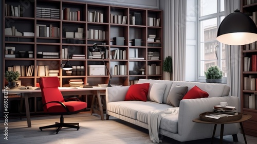A cozy study room with white walls  red bookshelves filled with books  a comfortable white armchair paired with a red ottoman  and a red desk lamp.