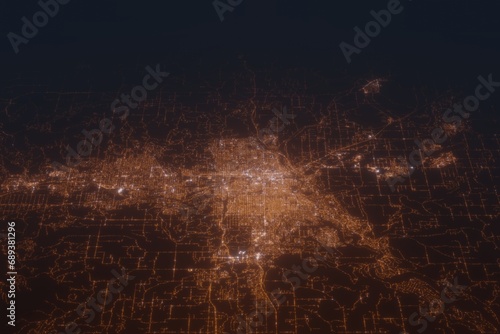 Aerial shot of Spokane (Washington, USA) at night, view from north. Imitation of satellite view on modern city with street lights and glow effect. 3d render photo