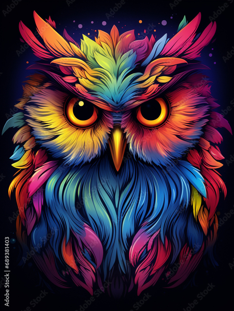 a colorful owl with big eyes on black background, in the style of otherworldly illustrations created with Generative Ai a colorful owl with big eyes on black background, in the style of otherworldly illustrations created with Generative Ai