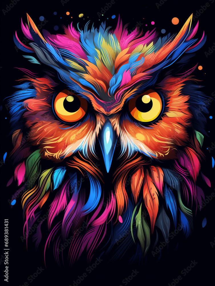 a colorful owl with big eyes on black background, in the style of otherworldly illustrations created with Generative Ai a colorful owl with big eyes on black background, in the style of otherworldly illustrations created with Generative Ai
