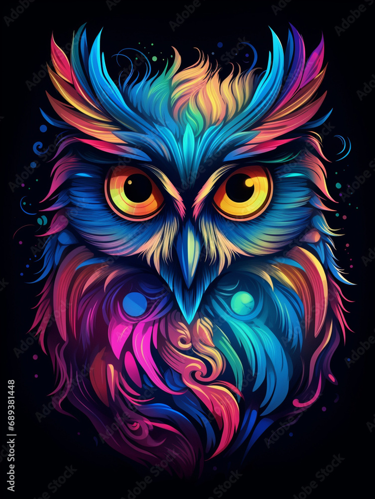 a colorful owl with big eyes on black background, in the style of otherworldly illustrations created with Generative Ai a colorful owl with big eyes on black background, in the style of otherworldly illustrations created with Generative Ai