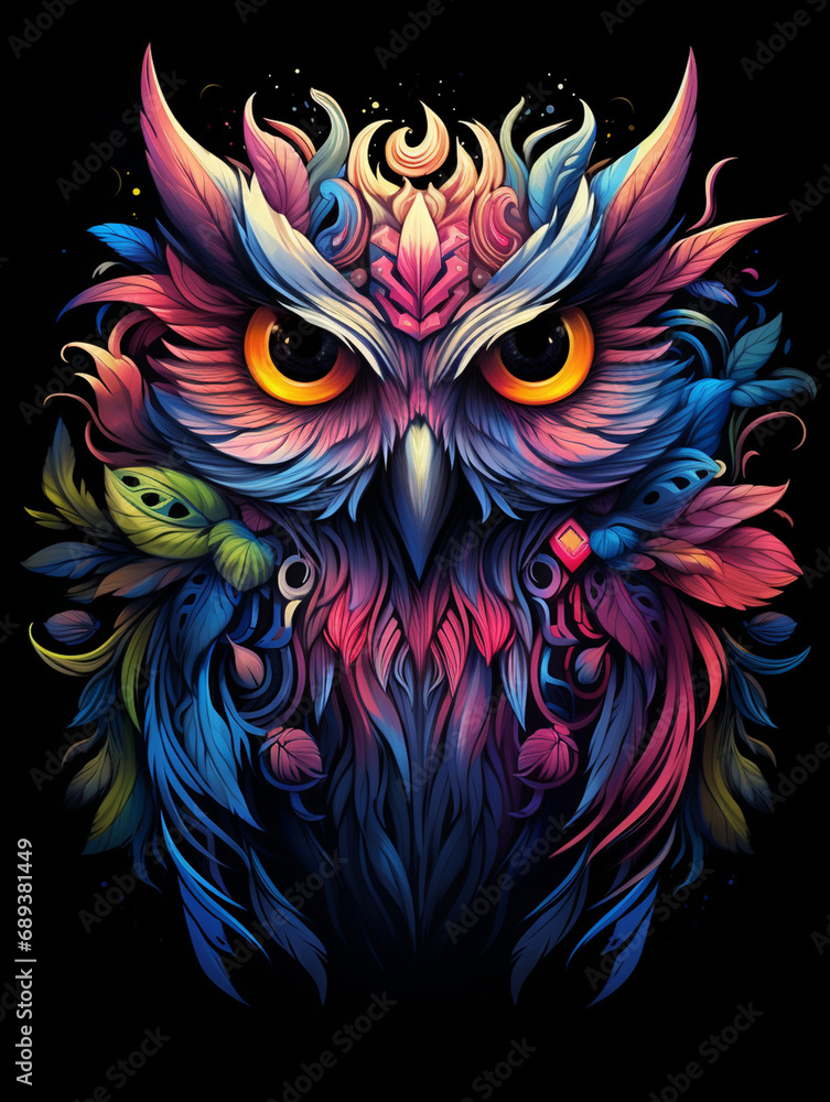 a colorful owl with big eyes on black background, in the style of otherworldly illustrations created with Generative Ai a colorful owl with big eyes on black background, in the style of otherworldly illustrations created with Generative Ai