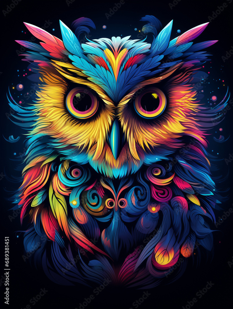 a colorful owl with big eyes on black background, in the style of otherworldly illustrations created with Generative Ai a colorful owl with big eyes on black background, in the style of otherworldly illustrations created with Generative Ai