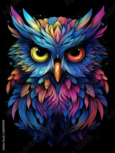 a colorful owl with big eyes on black background, in the style of otherworldly illustrations created with Generative Ai