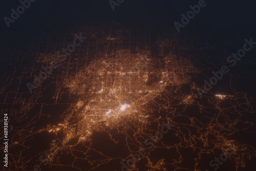 Aerial shot on Boise (Idaho, USA) at night, view from east. Imitation of satellite view on modern city with street lights and glow effect. 3d render © Hairem