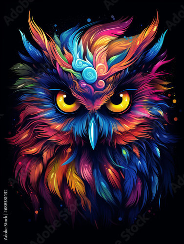 a colorful owl with big eyes on black background, in the style of otherworldly illustrations created with Generative Ai