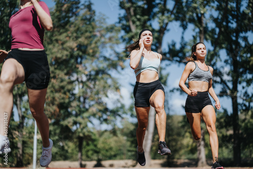 Young women enjoy outdoor sports activities in the park, running, jogging, and training together, showcasing their athletic bodies and positive atmosphere.