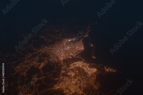 Aerial shot on Kingston (Jamaica) at night, view from west. Imitation of satellite view on modern city with street lights and glow effect. 3d render
