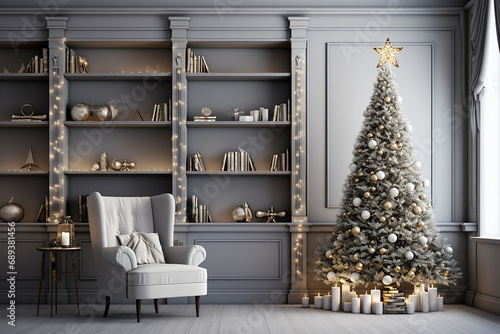 Christmas empty interior with garlanded fir tree, grey wall © Idressart