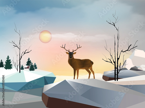 Winter landscape with a deer, trees, a small house and a rock in the distance against the background of the evening sky with the setting sun and clouds in the sky. Vector drawing in low poly style.