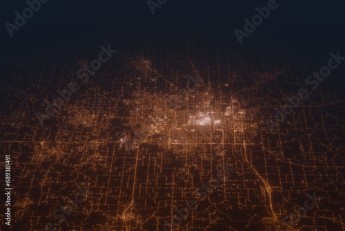 Aerial shot on Springfield  Missouri  USA  at night  view from east. Imitation of satellite view on modern city with street lights and glow effect. 3d render