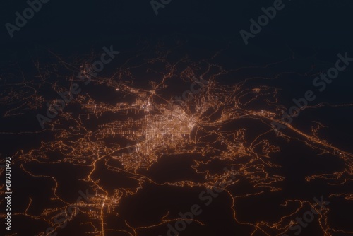 Aerial shot of Missoula (Montana, USA) at night, view from south. Imitation of satellite view on modern city with street lights and glow effect. 3d render photo