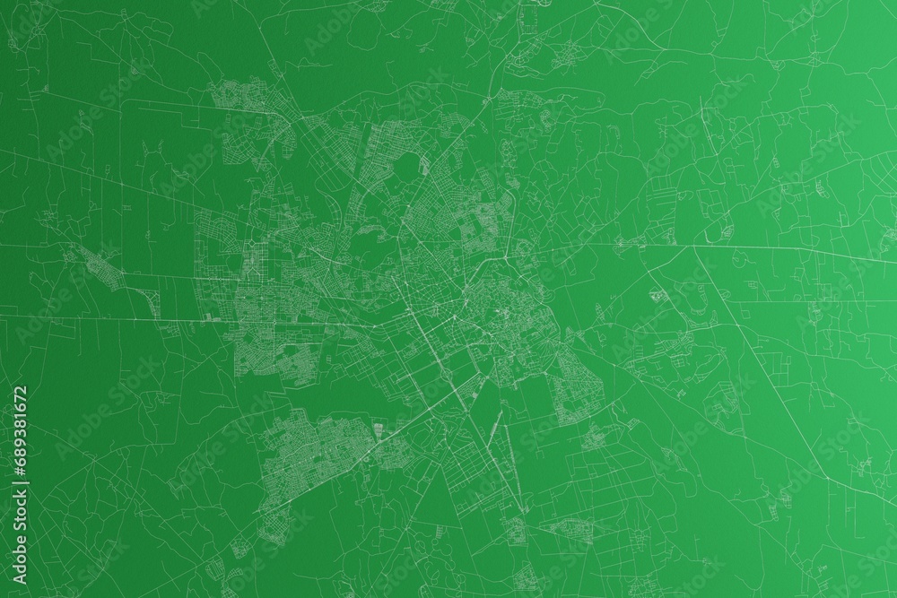 Map of the streets of Marrakesh (Morocco) made with white lines on green paper. Rough background. 3d render, illustration