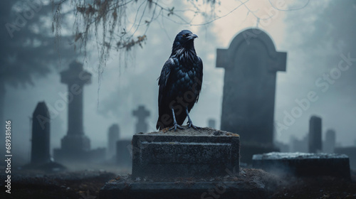 Black crow bird standing on a cemetery tombstone on a misty morning at sunrise.  photo