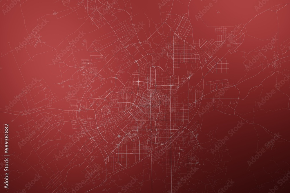 Map of the streets of Changchun (China) made with white lines on abstract red background lit by two lights. Top view. 3d render, illustration