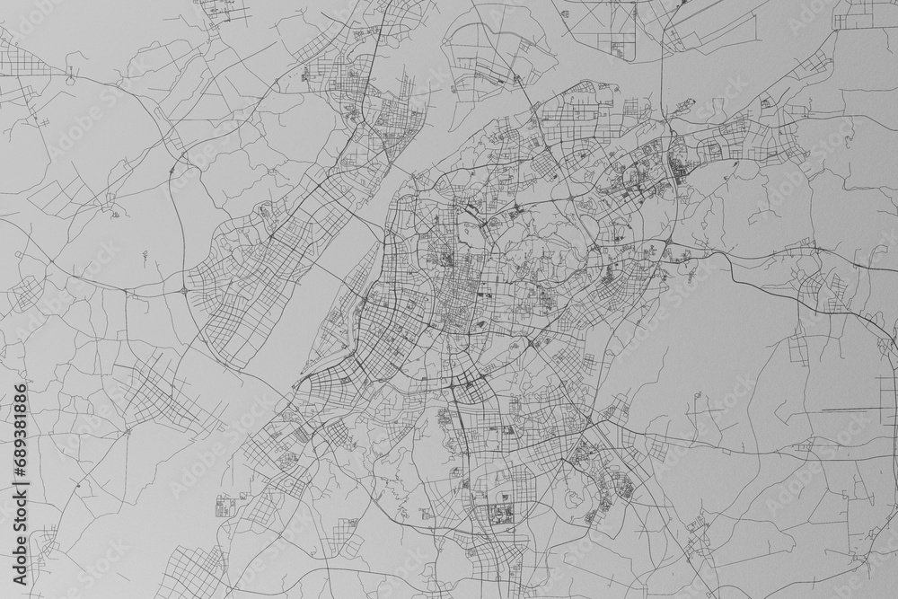Map of the streets of Nanjing (China) made with black lines on grey paper. Top view. 3d render, illustration