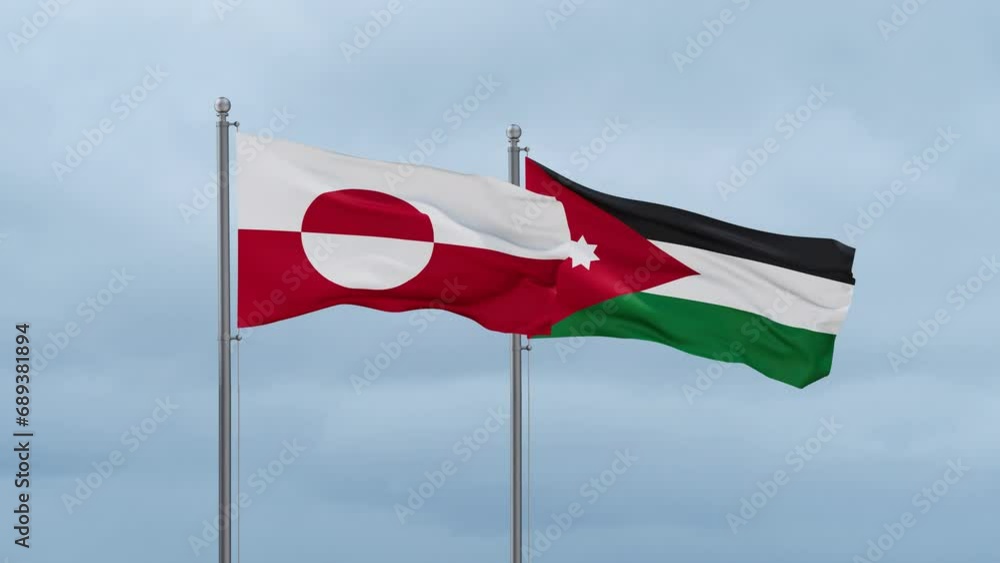 Jordan flag and Greenland flag waving together on cloudy sky, endless seamless loop, two country relations concept Jordan flag and Greenland flag waving together on cloudy sky, endless seamless loop, two country relations concept