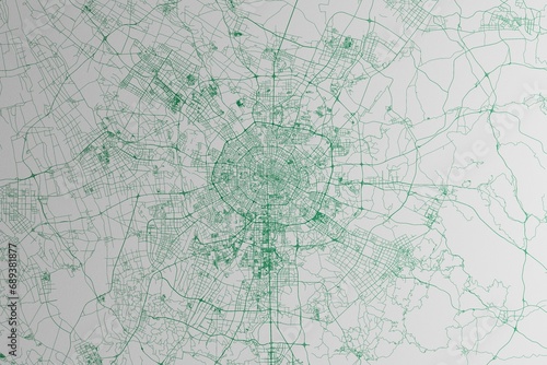 Map of the streets of Chengdu (China) made with green lines on white paper. 3d render, illustration