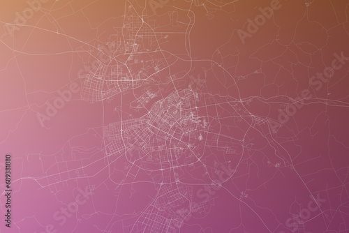 Map of the streets of Harbin (China) made with white lines on pinkish red gradient background. Top view. 3d render, illustration