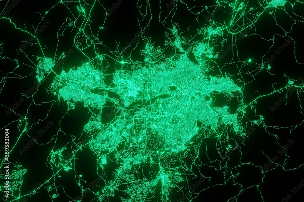 Map of the streets of Ankara (Turkey) made with green illumination and glow effect. Top view on roads network. 3d render, illustration Map of the streets of Ankara (Turkey) made with green illumination and glow effect. Top view on roads network. 3d render, illustration
