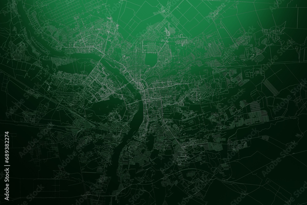 Fototapeta premium Street map of Omsk (Russia) engraved on green metal background. Light is coming from top. 3d render, illustration