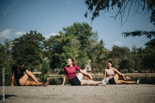 Active women in city park, enjoying sunny day while doing outdoor sports and fitness activities together. Staying fit and getting in shape with stretching and pre-workout exercises.