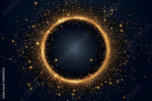 Gold glitter circle of light shine sparkles and golden spark particles in circle frame on dark blue background. Christmas magic stars glow, firework confetti of glittery ring shimmer	