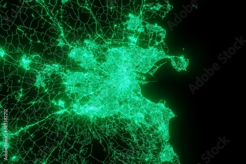 Map of the streets of Dublin (Ireland) made with green illumination and glow effect. Top view on roads network. 3d render, illustration