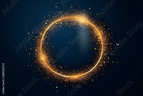 Gold glitter circle of light shine sparkles and golden spark particles in circle frame on dark blue background. Christmas magic stars glow, firework confetti of glittery ring shimmer 
