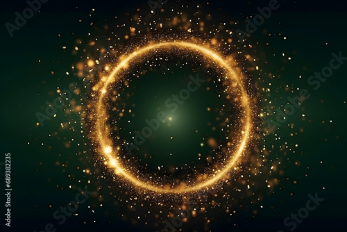 Gold glitter circle of light shine sparkles and golden spark particles in circle frame on dark green background. Christmas magic stars glow, firework confetti of glittery ring shimmer	 photo