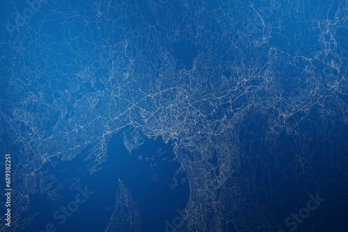 Stylized map of the streets of Oslo (Norway) made with white lines on abstract blue background lit by two lights. Top view. 3d render, illustration photo