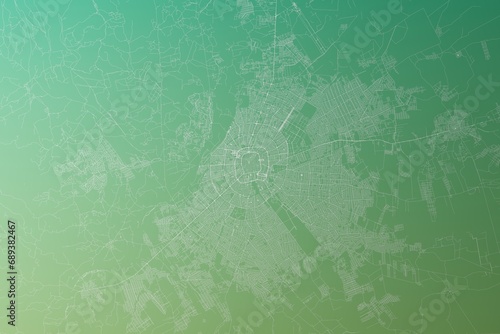 Map of the streets of Santa Cruz De La Sierra (Bolivia) made with white lines on yellowish green gradient background. Top view. 3d render, illustration