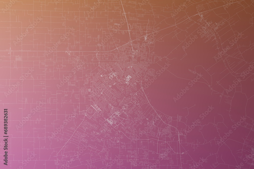 Map of the streets of Lafayette (Louisiana, USA) made with white lines on pinkish red gradient background. Top view. 3d render, illustration