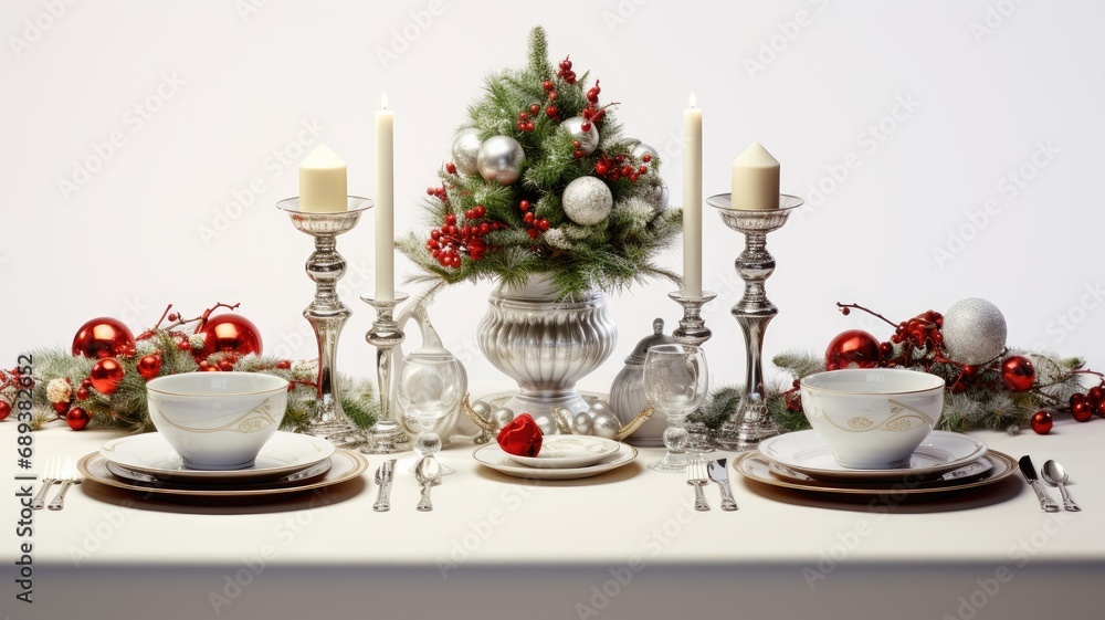 Fototapeta premium a festive Christmas table setting arranged on a white wooden table, featuring elegant dinnerware, holiday decorations, and a centerpiece.