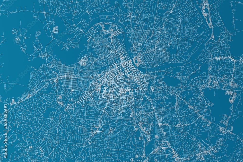 Map of the streets of Nashville (Tennessee, USA) made with white lines on blue background. 3d render, illustration